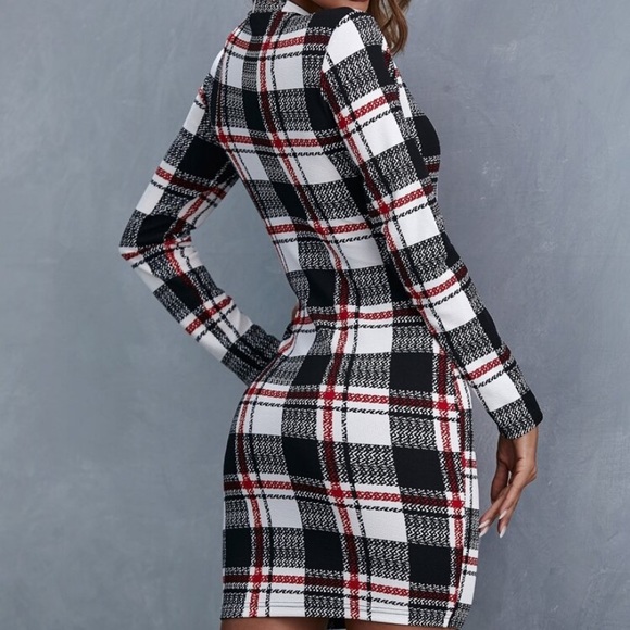 Black Plaid Holiday Stretch Bodycon Mock Dress - Picture 2 of 4